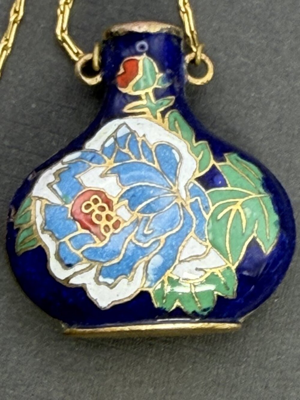 Vintage Cloisonne Mini Vase Pendant Necklace Blue Peony Flower 24”